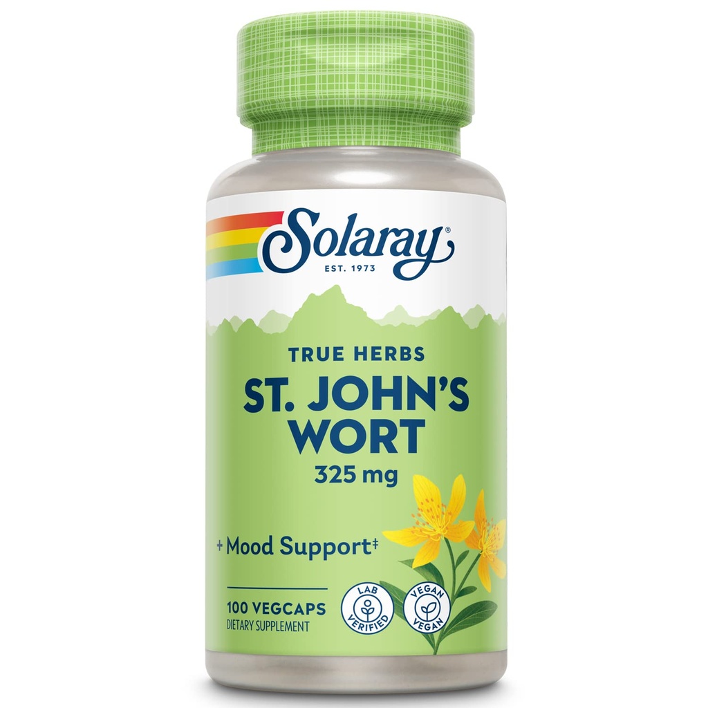 SOLARAY St Johns Wort 325 mg Whole Aerial - Health and Mood Support Supplement - 60-Day Money Back Garanti - Non-GMO, Vegan, Lab TY (100 CT)