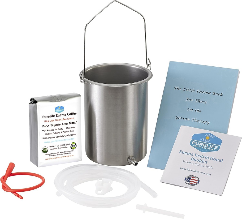 Purelife Detox Coffee Enema Kit - ABD'de yapılan 2 Qt / Superior Non Toxic Made in USA Quality / 1 lb Purelife Ultra Light Gold Enema Kahve - Lab Mycotxins- Silikon Tubing