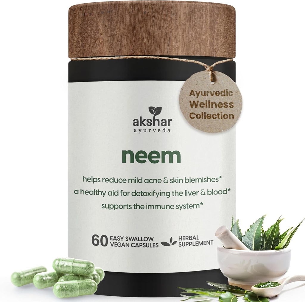 AKSHAR Ayurveda - κάψουλες Neem με Neem Extract και Neem Leaf Powder - συμπλήρωμα Herbal Neem για την υποστήριξη της καθαρής υγείας του δέρματος και Detox - Vegan Cruelty-free κάψουλες φύλλων Neem (60 κόμης)