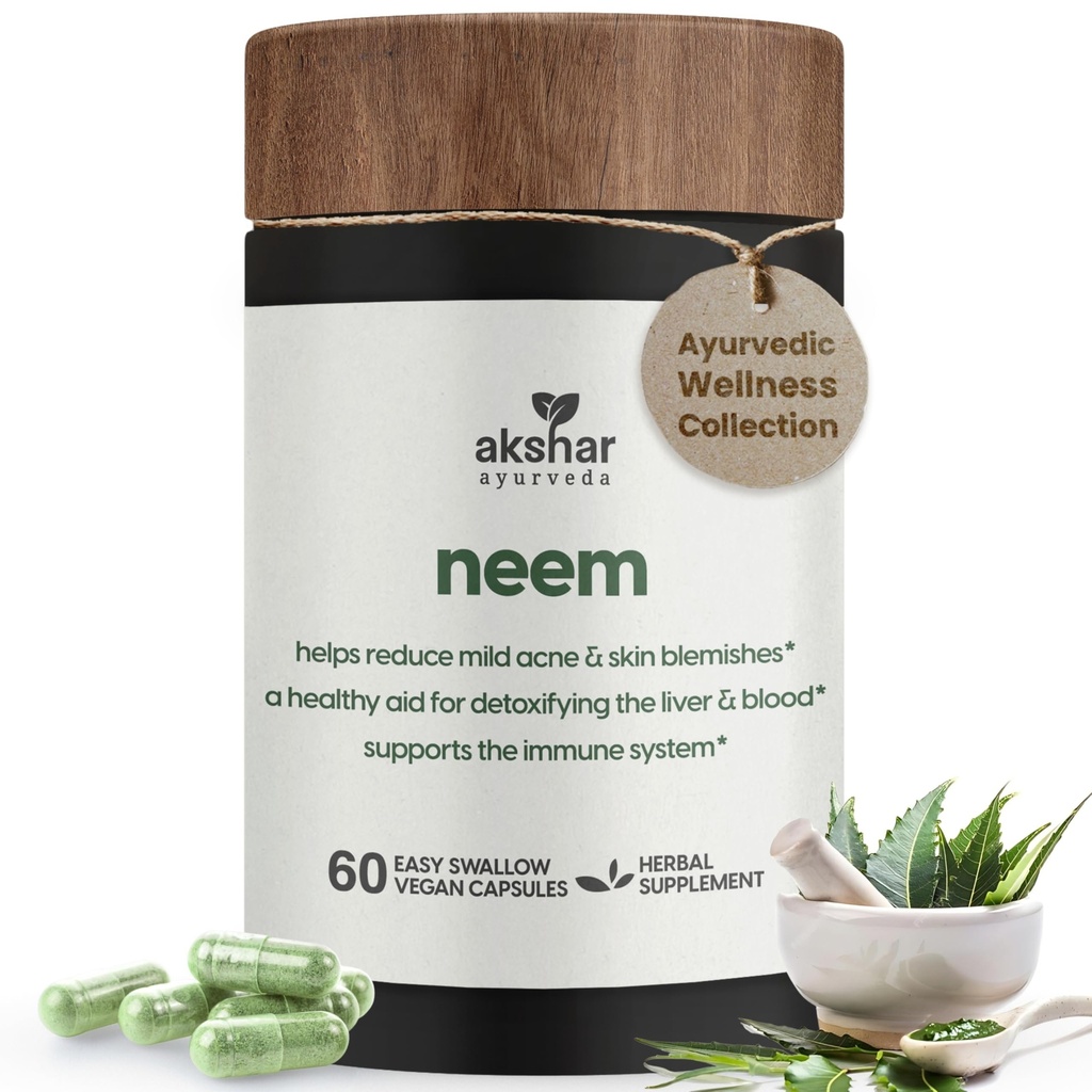 AKSHAR Ayurveda - Neem Capsules with Neem Extract and Neem Leaf Toz - Herbal Neem Supplement to Support Clear Skin Health and Detox - Vegan Cruelty-Free Neem Leaf Capsules (60 Kont)