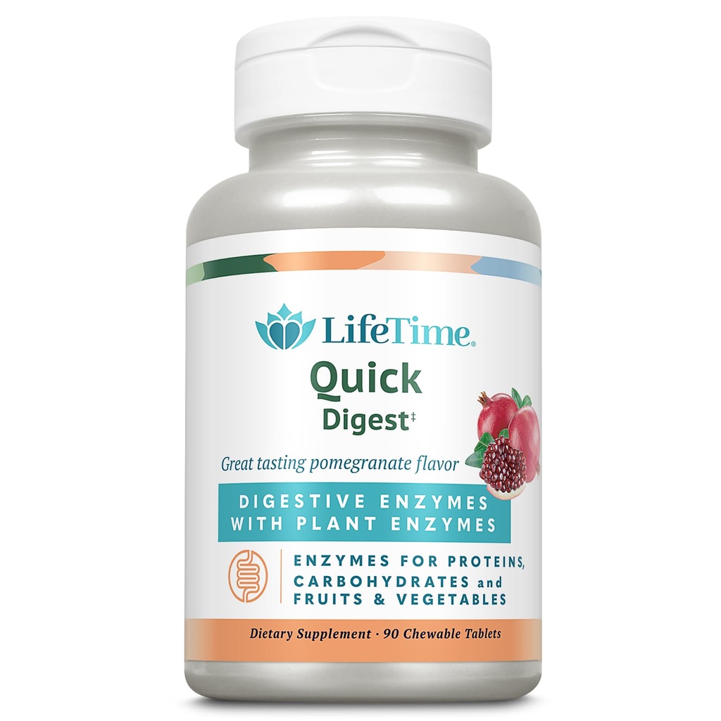 LIFETIME Quick Digest Digest Digestive Enzymes - Ένζυμα φυτών για πρωτεΐνες, υδατάνθρακες, φρούτα και λαχανικά - Digestive Health Support - Ρόδι Γεύση - 90 Μερίδες, 90 Μασώμενα δισκία