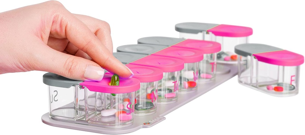 Sagely SMART XL Weekly Pill Organizer - extra large 7 day AM/PM Pill Box 2 φορές την ημέρα με την ελεύθερη εφαρμογή υπενθύμισης (Αρκετό για να ταιριάζει Fish Oil, Cod Liver Oil, Βιταμίνη D Συμπληρώματα & Βιταμίνες) (Pink/Gray)