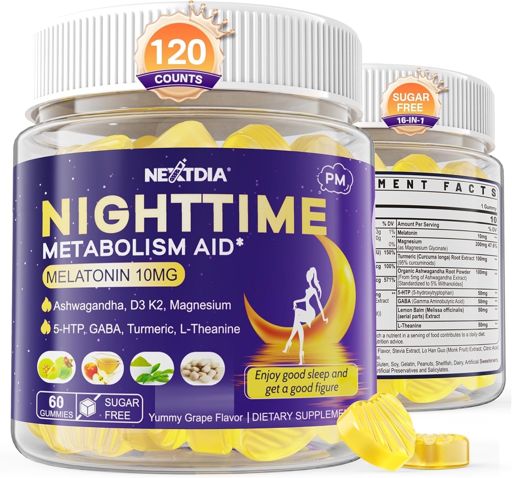 Melatonin 10 mg Gummies, Night Time Metabolism Gummies for Yetişkinler, Crush Excess Hoarding while You Rest, Sağlıklı Zzzs, Magnezyum, Ashwagandha, 5-HTP, GABA, 100% Drug Free,Sugar Free,2Packs
