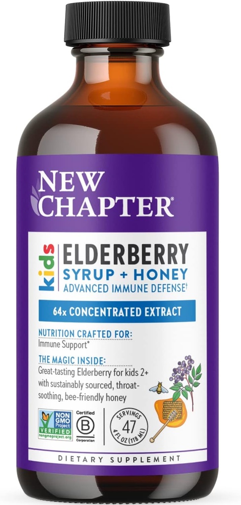 Yeni Bölüm Elderberry Kids Syrup, Advanced Immune Defense for Ages 2+, 64x Tempd Elderberry, Throat-Soothing Grade A Honey, Non-GMO Project TY, 4 Fl Ounce