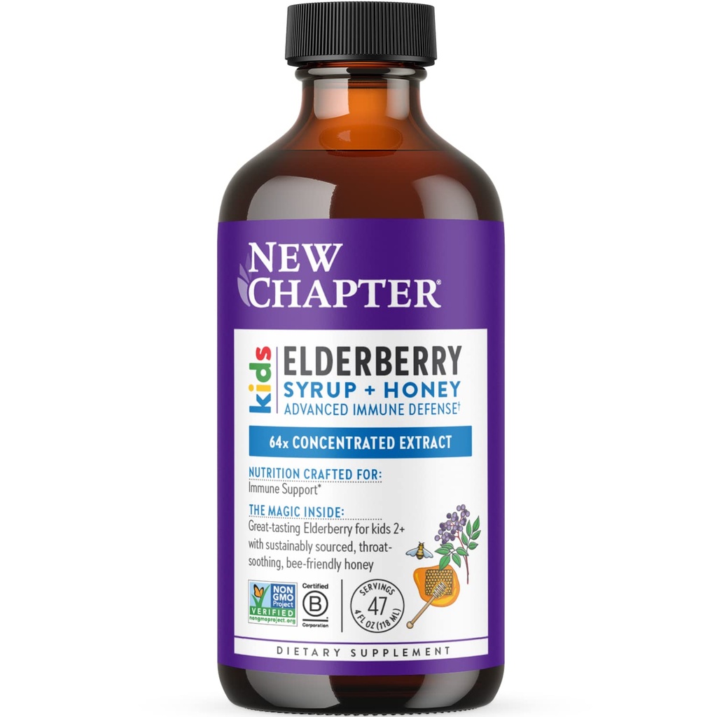 Yeni Bölüm Elderberry Kids Syrup, Advanced Immune Defense for Ages 2+, 64x Tempd Elderberry, Throat-Soothing Grade A Honey, Non-GMO Project TY, 4 Fl Ounce