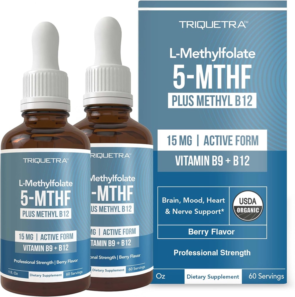 L Φολικό μεθύλιο 15mg Plus Συμπαράγοντας μεθύλιο Β12 – Βιολογικός, Berry Flavor, Επαγγελματική Δύναμη, Υγρή Υπογλώσσια, Ενεργός 5-MTHF Form - Υποστηρίζει Mood, Homocysteine methylation, Cognition (1oz - 2 Pack)