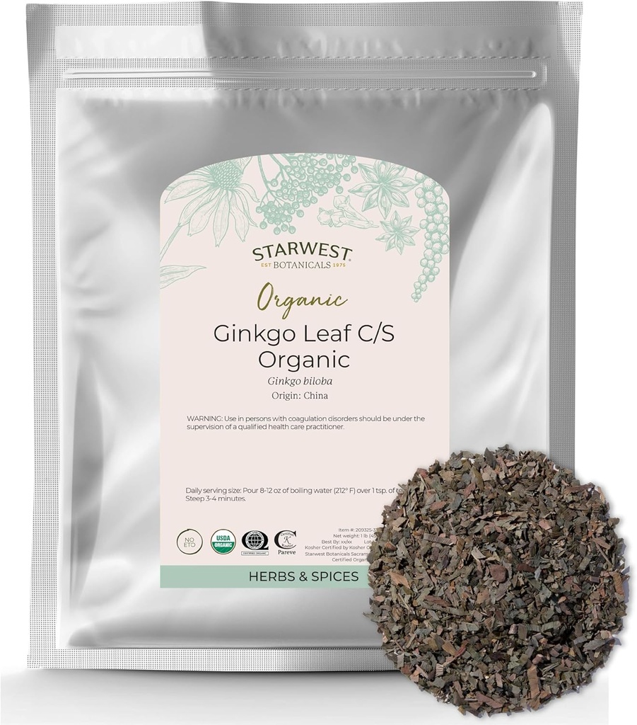 Starwest Botanicals Organic Ginkgo Leaf - Ginkgo Biloba, sh Loose Leaf Herb for Tea, Capsules, & Herbal Mixs, Cut & Sifted, sertifikalı Kosher, Non-GMO - Bulk 1 lb Bag