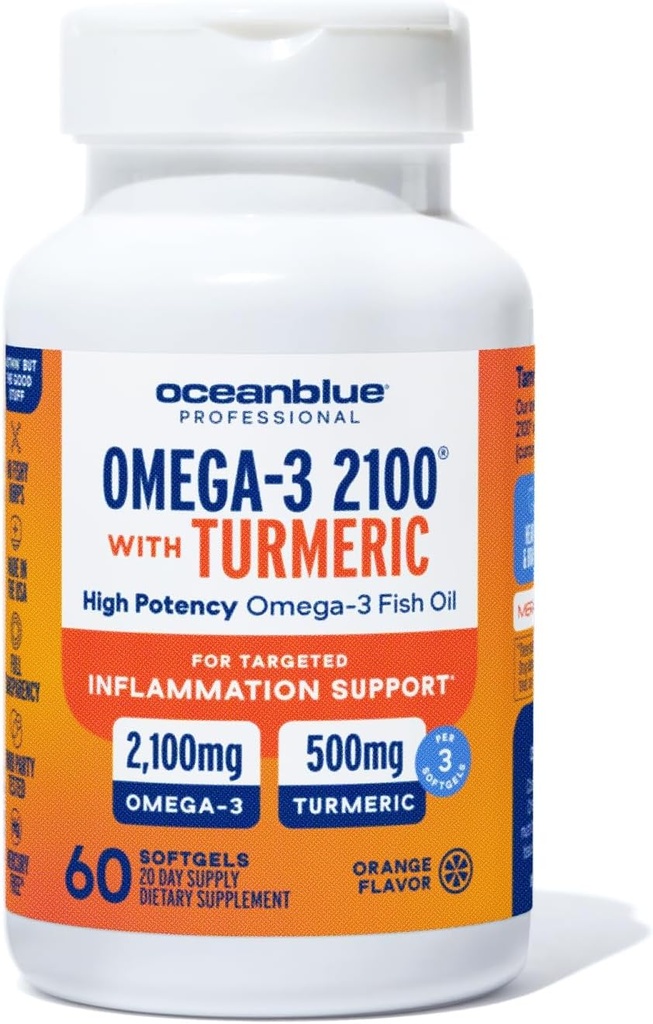 Oceanblue 2100 Triple Strength Omega-3 Fish Oil with Turmeric | Burpless Omega 3 Combo Supplement with Curcumin EPA DHA DPA| Kalp ve Ortak Destek | 60 Softgels