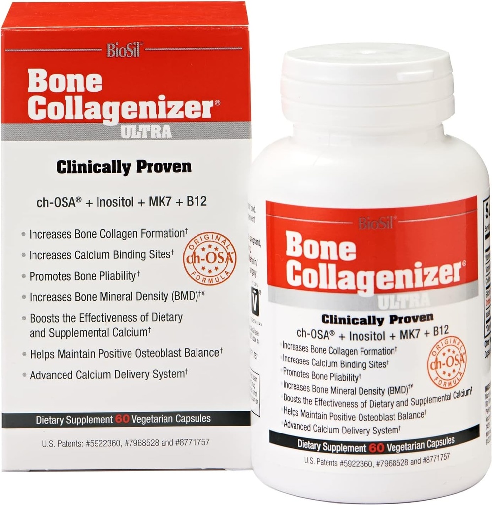 Biosil Bone Collagenizer Ultra - 60 κάψουλες Veggie - με πατενταρισμένο Ch-OSA Complex + Choline, Inositol, MK7 & Βιταμίνη B12 - GMO Δωρεάν - 30-Ημέρα προσφοράς