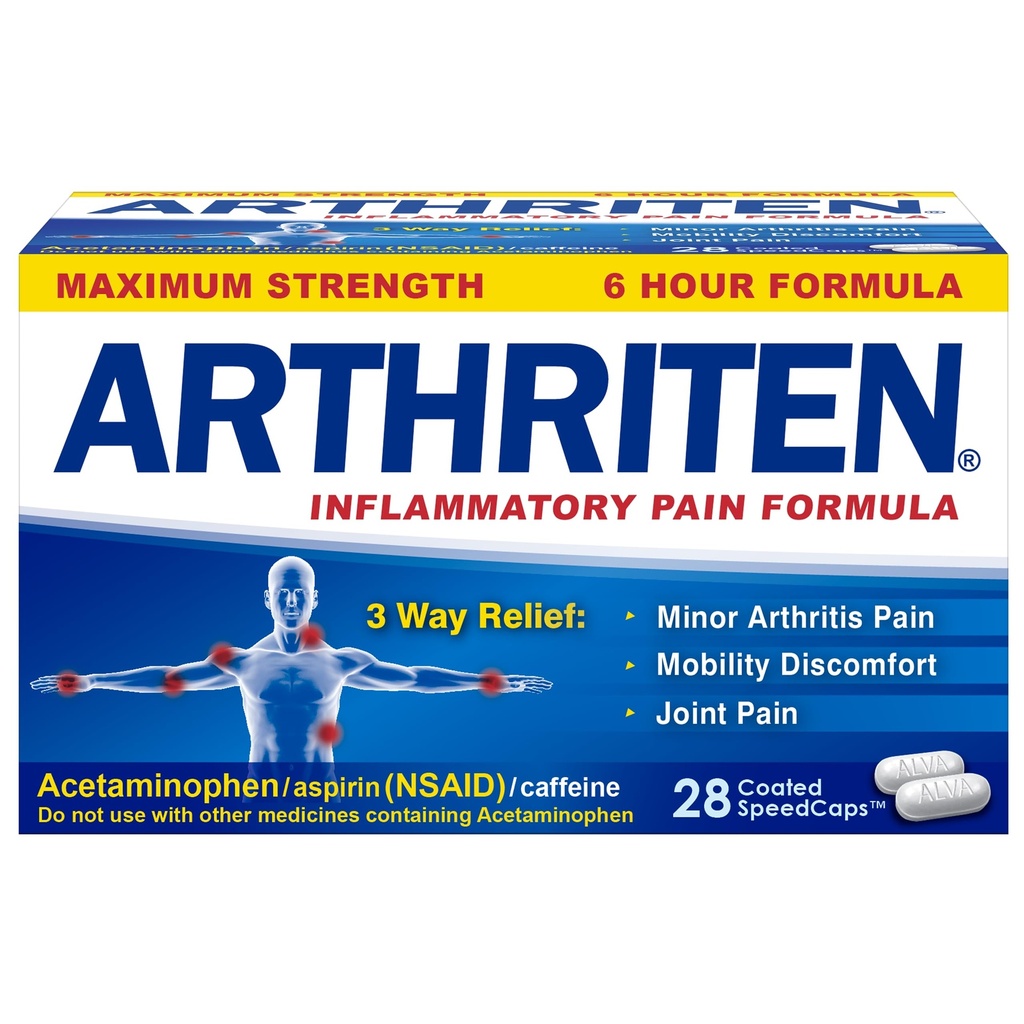 Inflammatory Pain Formula Caplets with 3 Active Materialss: aspirin, Acetaminophen & Caffeine, White, 28 Count (en 1)