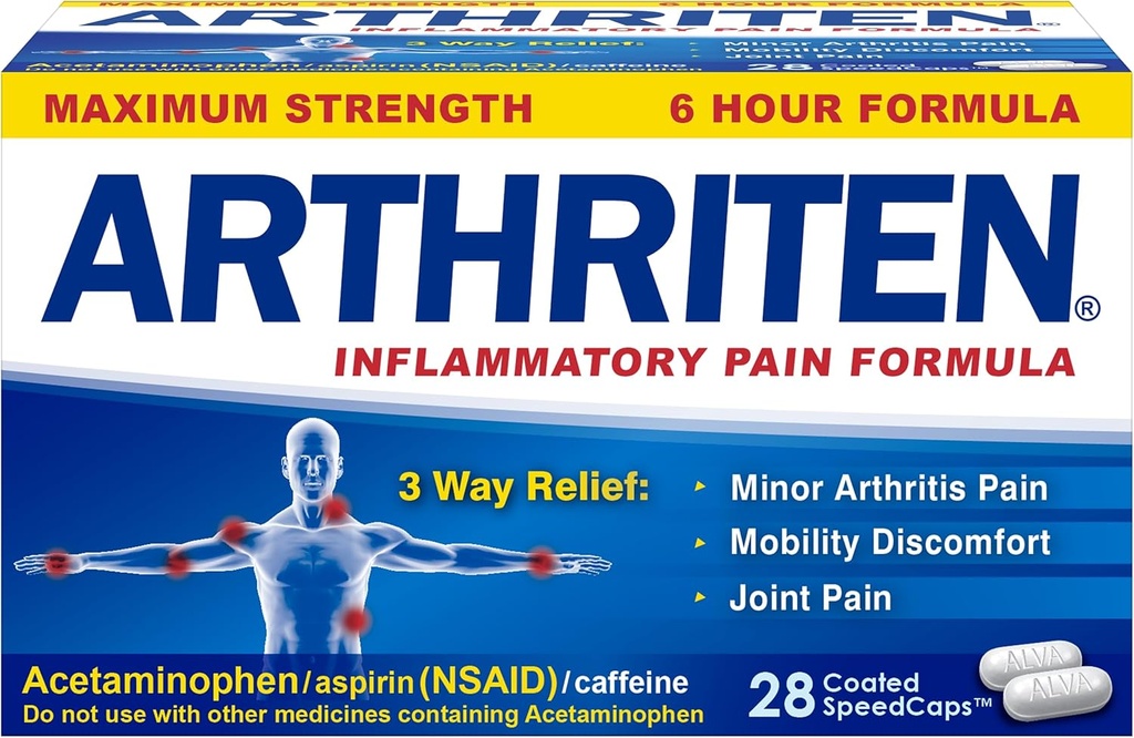 Inflammatory Pain Formula Caplets with 3 Active Materialss: aspirin, Acetaminophen & Caffeine, White, 28 Count (en 1)