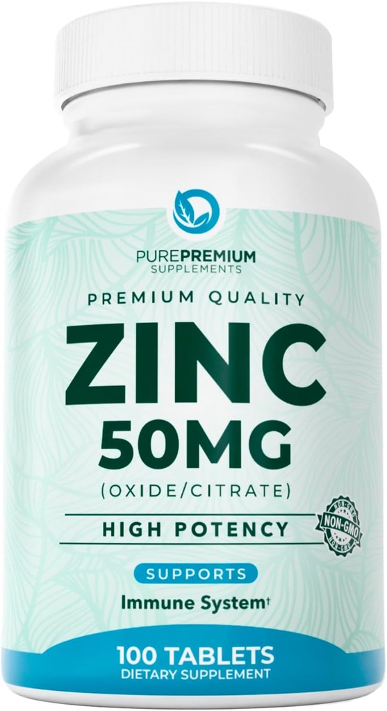 PurePremium Natural Zinc 50mg Συμπληρώματα για άνδρες/γυναίκες - GMP-Certified Υψηλής ισχύος Κιτρικός ψευδάργυρος/Οξίδιο για ενήλικες, Ανοσοποιητικό Αντιοξειδωτικό, Ενεργειακή Υποστήριξη - 100 Δισκία