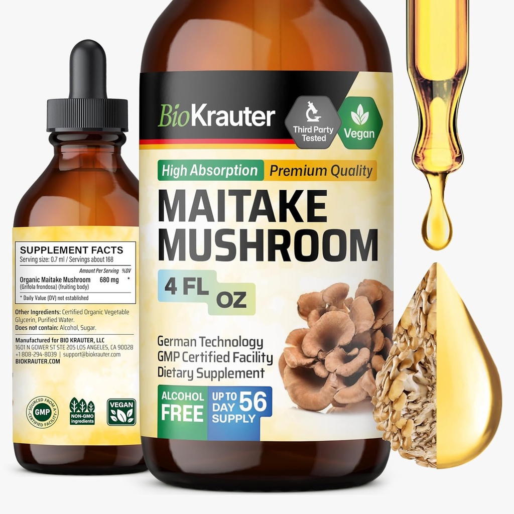 BIO KRAUTER Maitake Mushroom Extract - Maitake Liquid Supplement for Immune Support - 680 mg per Service - Vegan, Alkol & Sugar Free Drops 4 Fl.Oz.