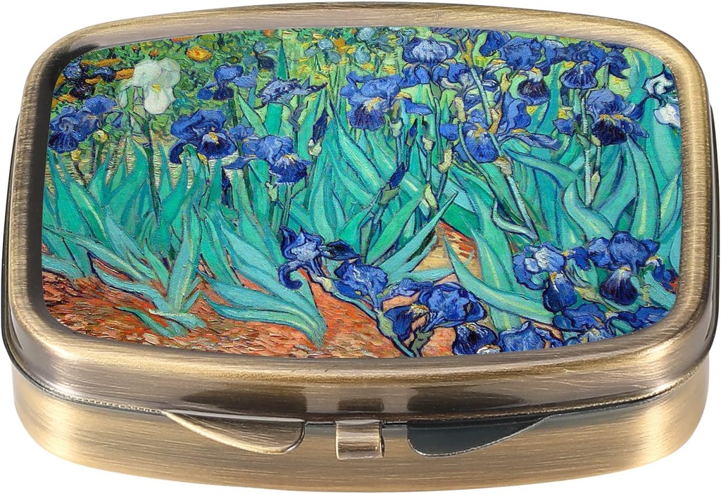 Dynippy Pill Case Pill Box with Mirror Retro Pocket 2 Karşılaştırmalı Tıp Davası Pill Organizer for Pocket Purse and Travel (A-Van Gogh Irises)