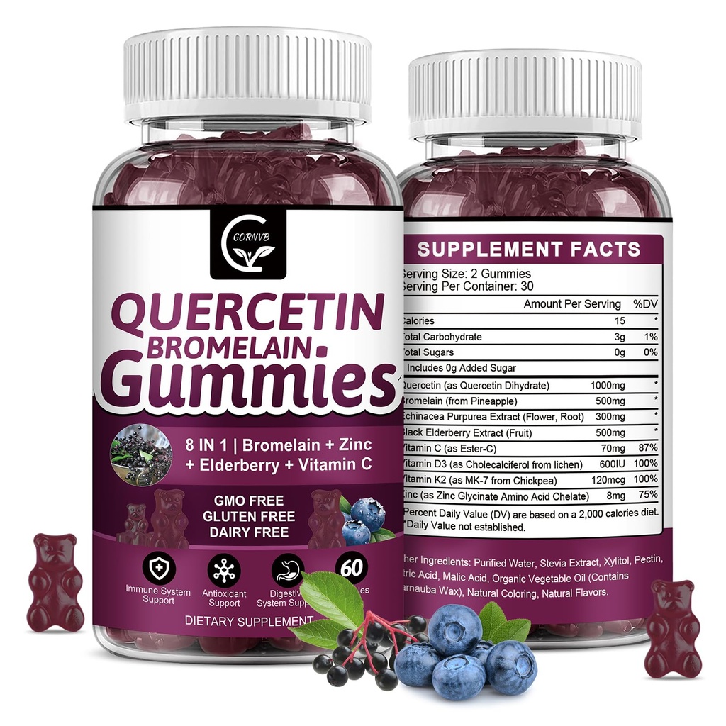 Quercetin Gummies with Bromelain 2378 mg - Elderberry, Echinacea Purpurea Extract, çinko, C,D3,K2, Kompleks Destekler Immune, Cardiovascular & Respiratory, Vegan Gummy for Adult & Kid