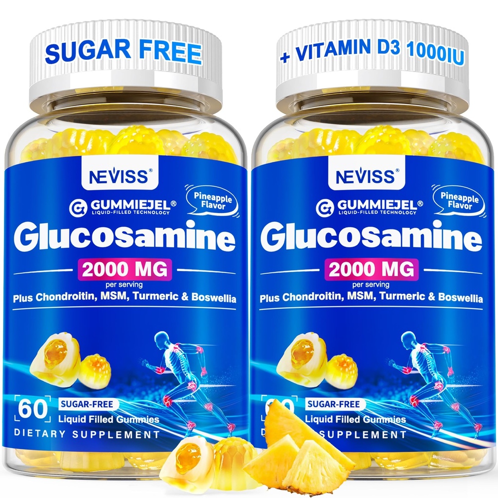 Şeker Free Glucosamin Gummies - Glucosamine Supplement Plus Chondroitin, MSM, Turmeric, Boswellia, Hyaluronic Asit, Vitamin D3 & çinko, 120 Gummies, 60 Hizmet