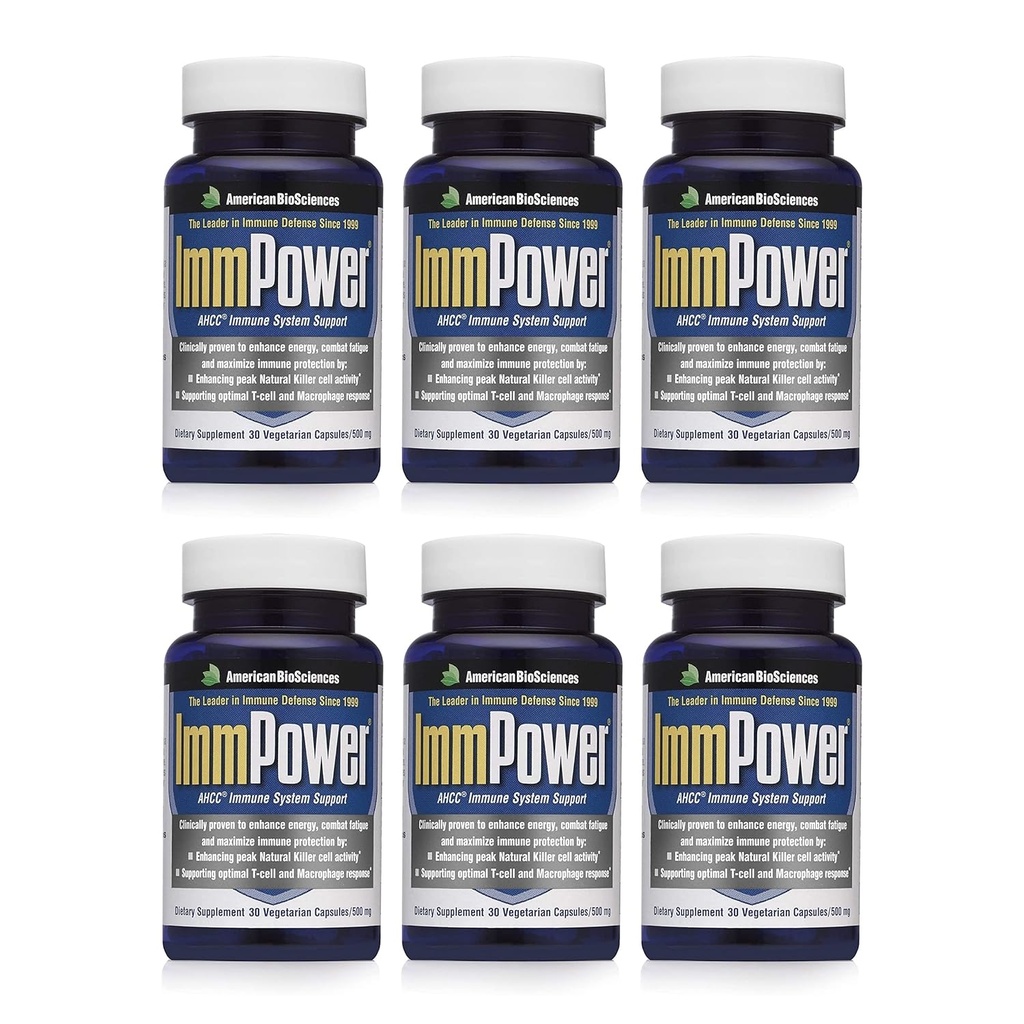 American BioSciences ImmPower AHCC Supplement 6-Pack, Ενισχυμένη Ανοσολογική Υποστήριξη, Φυσικό Killer Cell Δραστηριότητα και Κυτοκίνη Παραγωγή, 30 Καψάκια Χορτοφαγικής, 500 χιλιοστόγραμμα ανά Καψάκιο