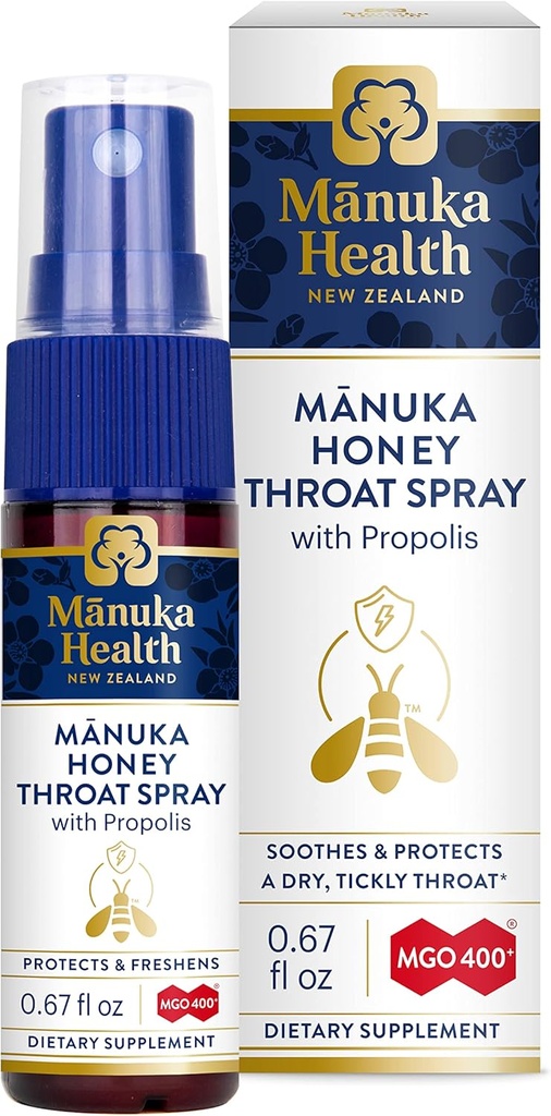MANUKA SA, Manuka Honey Throat Spray with Propolis .67 fl oz, Koruma ve Freshens, MGO 400+, BIO30 Yeni Zelanda Propolis
