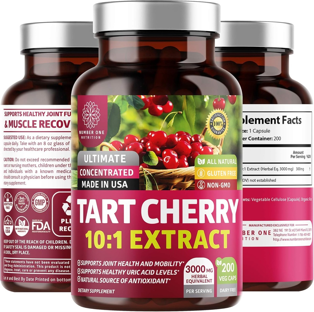 N1N Premium Tart Cherry Extract Capsules, 200 Veg Caps, 3000 mg, Güçlü Antioksi, Ortak Sağlık ve Hareketlilik, Non-GMO, Gluten Free, 200 Veggie Caps