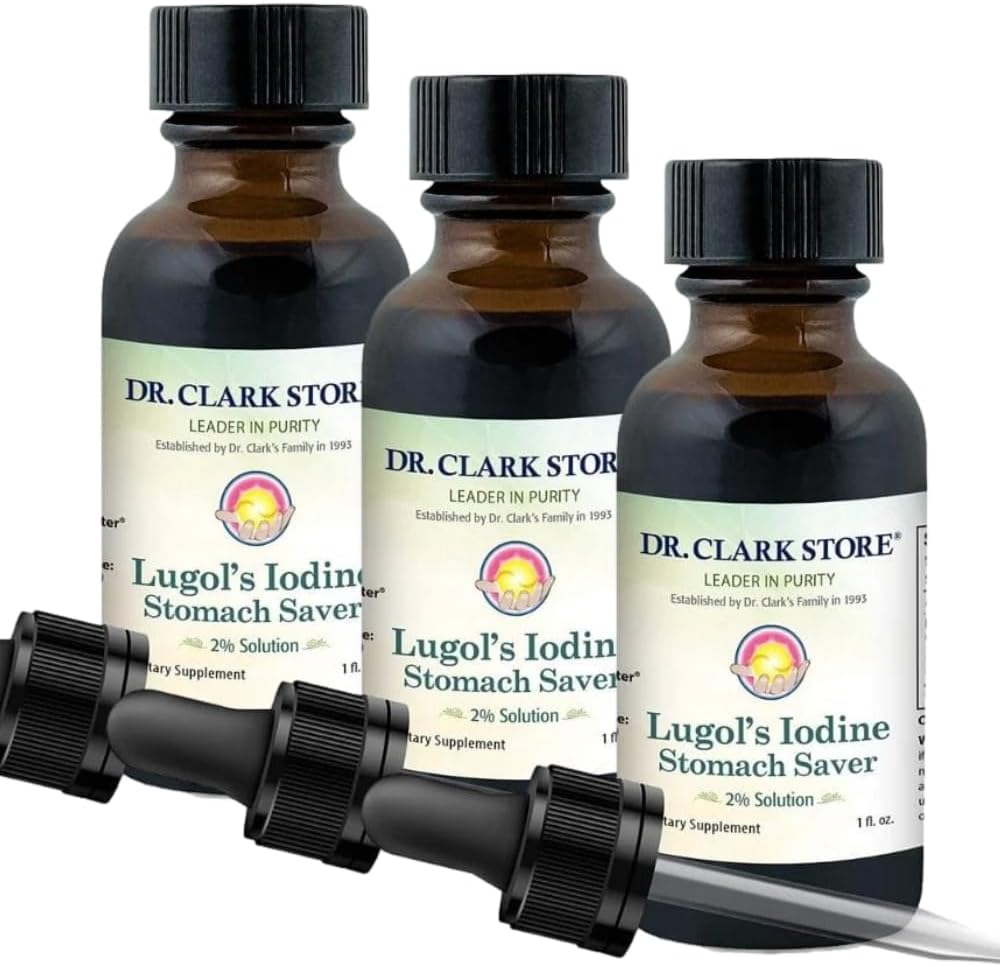 Dr. Clark Lugol'un Iodine 2 Çözümü - Aqueous ve% 2 Granular Iodine - Natural Stomach Relief and Health - 1 fl. Oz with a Dropper 3Pack