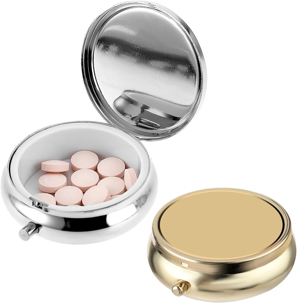 2Pcs Pill Box Küçük Pill Case for Purse or Pocket, Portatif Cute Pill Konteyner Metal Pill Box Dekoratif Tıp, Vitamin, Fish Oil and Supplements Sahibi Organizer (Silver&Gold)