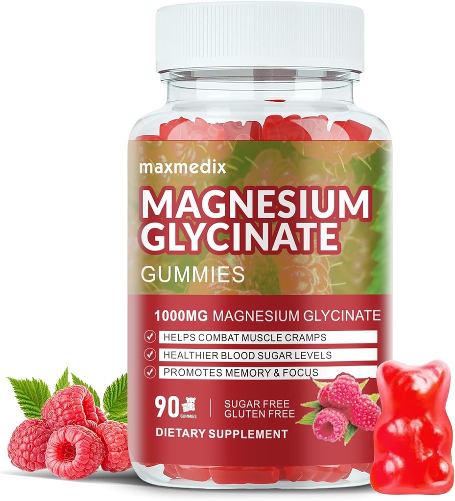 Magnezyum Glycinate Gummies 1000 mg, Sugar Free Magnezyum Pids Supplements Chewable for Yetişkinler için L-Threonate for Sleep, Body Support and Relaxation,90 Raspberry Gummies