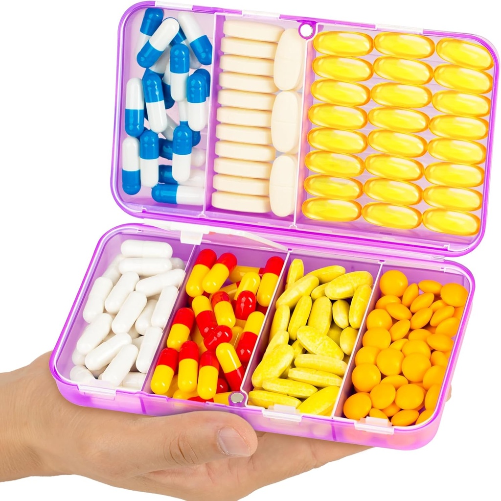 Yaklim Magnetic Travel Pill Organizer, 7 διαμερίσματα Portable Pill Box, Big Vitamin Organizer with Labels, Daily Pill Case Medicine Organizer, Big Supplement Organizer Magnet Pill Container Purple