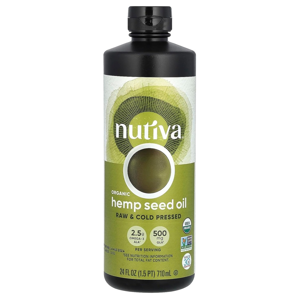 Nutiva οργανικό κρύο πιέστε ακατέργαστο ωμό λάδι κάνναβης, 24 ουγγιά, USDA οργανικό, μη ΓΤΟ, ολόκληρο 30 εγκεκριμένο, Vegan, χωρίς γλουτένη και Κέτο, πλούσιο σε Ωμέγα 3 & 6 λιπαρά οξέα