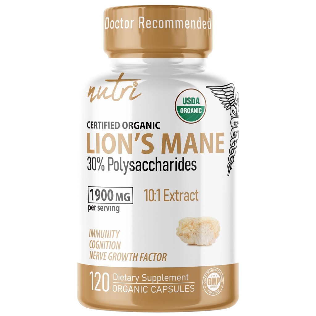 Nature's Fusions Nutri Organic Lions Mane Supplement Capsules - 1900 mg, 10:1 Dual Ekstraksiyon, 120 Kont - Mushroom Extract (Fruiting Body) - Üçüncü Parti Test Edildi