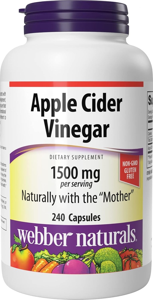 Webber Naturals Apple Cider Vinegar Capsules with The Mother, 1500 mg per Service, High Potency, 240 Capsules, Natural Digestion Support, Sugar, Gluten Free