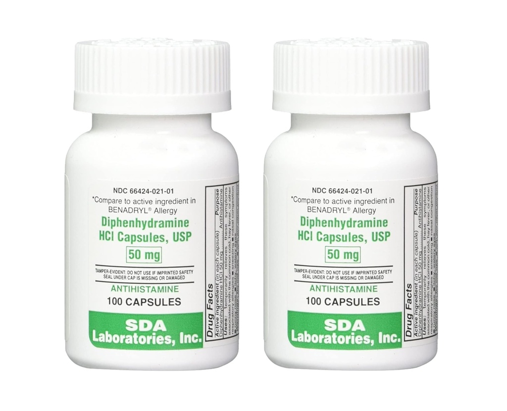 SDA LABORATUVIES Diphenhydramine 50 mg, Antihistamin Capsules, Fast-Acting Formula for Sneezing, Runny Nose & Itchy Eyes - 100 Count (2 Pack)