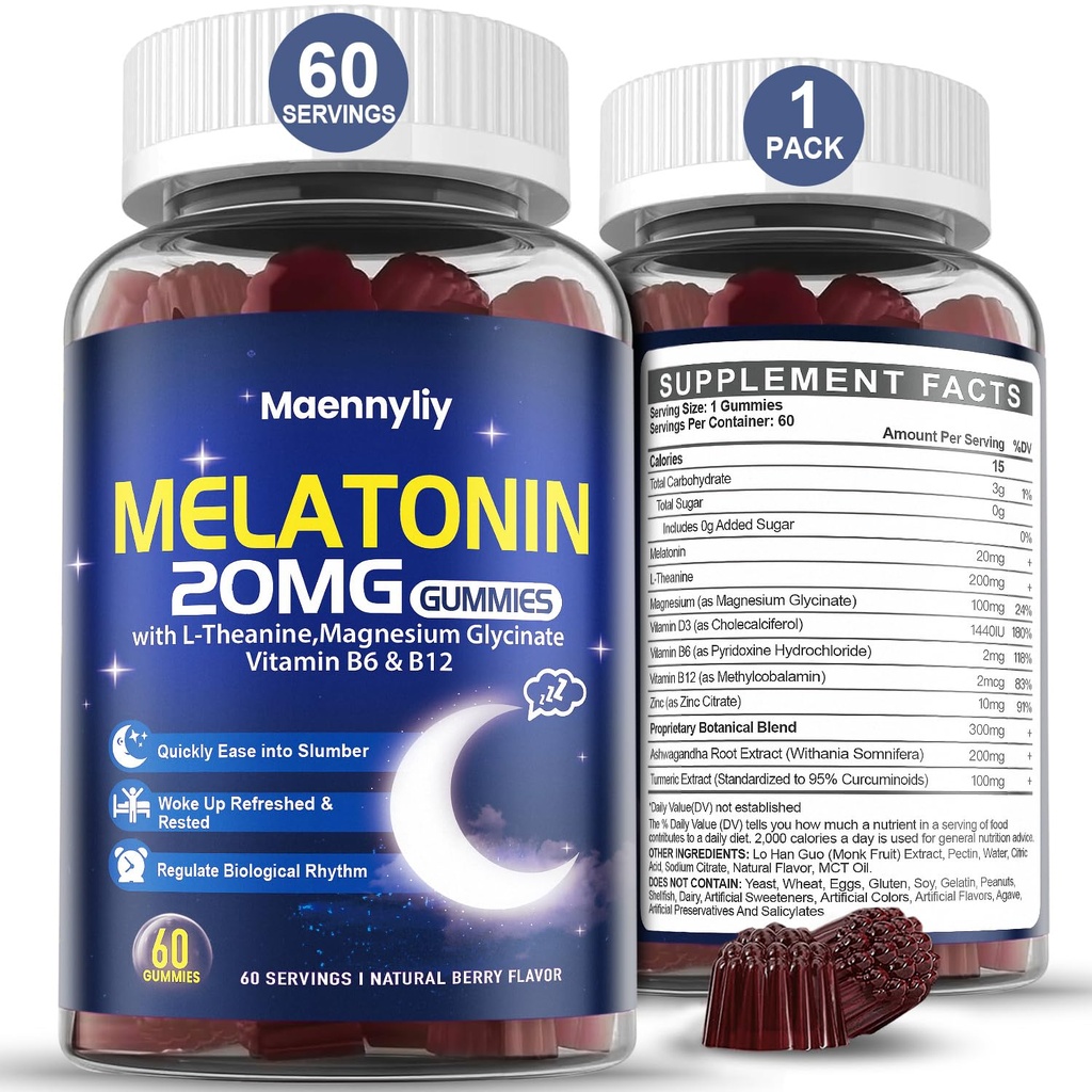 Μελατονίνη 20mg Gummies για ενήλικες - Ζάχαρη Χωρίς Μελατονίνη Gummies Επιπλέον δύναμη με L-Θεανίνη, Μαγνήσιο, Ashwagandha, Κουρκουμάς, D3 & Ψευδάργυρος - Μη-Habit Forming