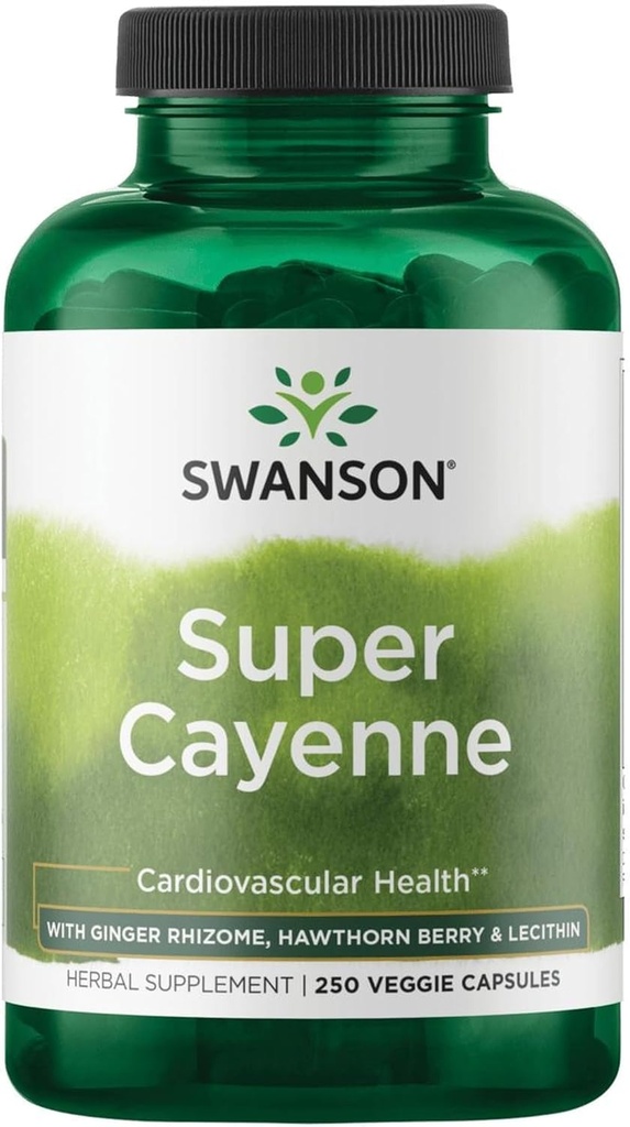 Swanson Super Cayenne - Herbal Supplement Kalp Sağlığı, Circulation & Blood Flow - Natural Formula w/Ginger Rhizome, Hawthorne Berry & Lecithin - (250 Veggie Capsules)