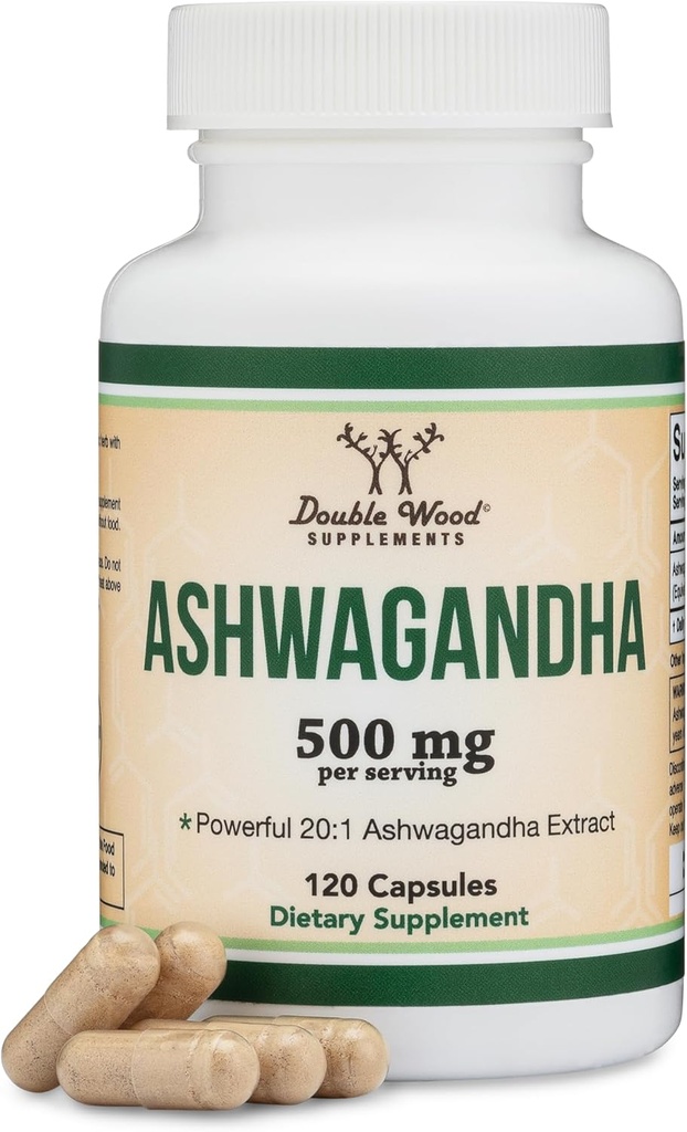 Ashwagandha Capsules, 120 Kont (500 mg Türlü 20:1 Potency) Adaptogen Stres Yardımı Çift Wood