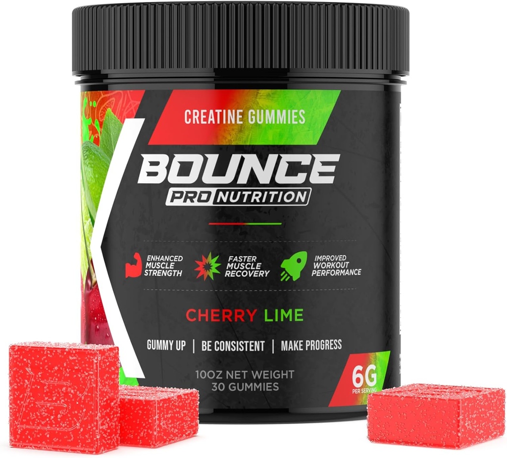 Bounce Pro Kretine Monohidrat Gummies for Men & Women, Low Calorie, 6G of Kretine per Service, Vegan, Anti-Melting, Gluten-Free, Non-GMO, 2g of Tinatine per Gummy (30ct, Cherry Lime)