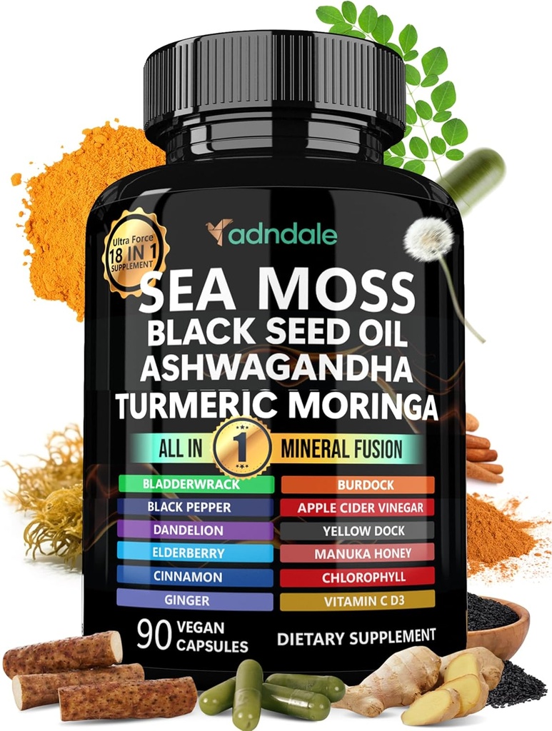 Adndale Sea Moss Black Seed Oil Ashwagandha Ginger Κάψουλες. Κάψουλες SeaMoss με μαύρο λάδι σπόρων, Ashwagandha, Turmeric, Moringa, Bladderwrack, Burdock Root, Manuka Honey, Κανέλα