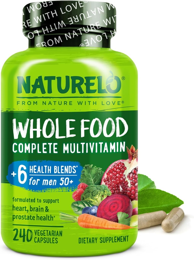 NATURELO Whole Food Multivitamin for Men 50+ - with Vitamins, Minerals, Organic Herbal Extracts - Vegan Vegetarian - for Energy, Brain, Heart and Eye Health - 240 Capsules