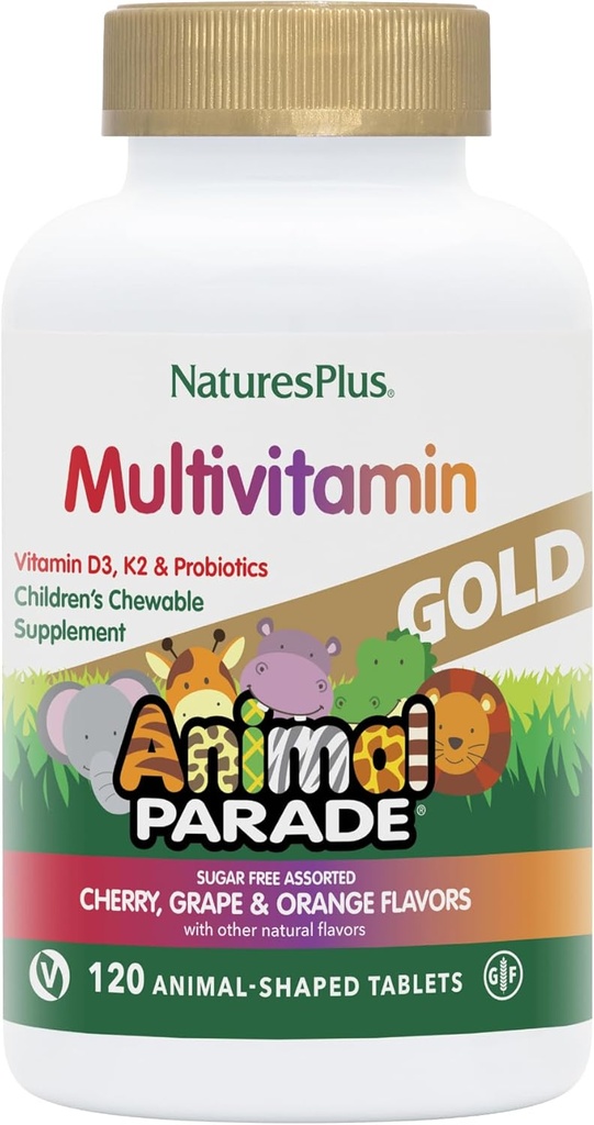 Natures Plus Animal Parade Gold Children's Multivitamin - Assorted Cherry, Orange & Grape Flavors - 120 Chewable Animal-Shaped Tabletler - Vegetarian, Gluten Free - 60 Hizmetler