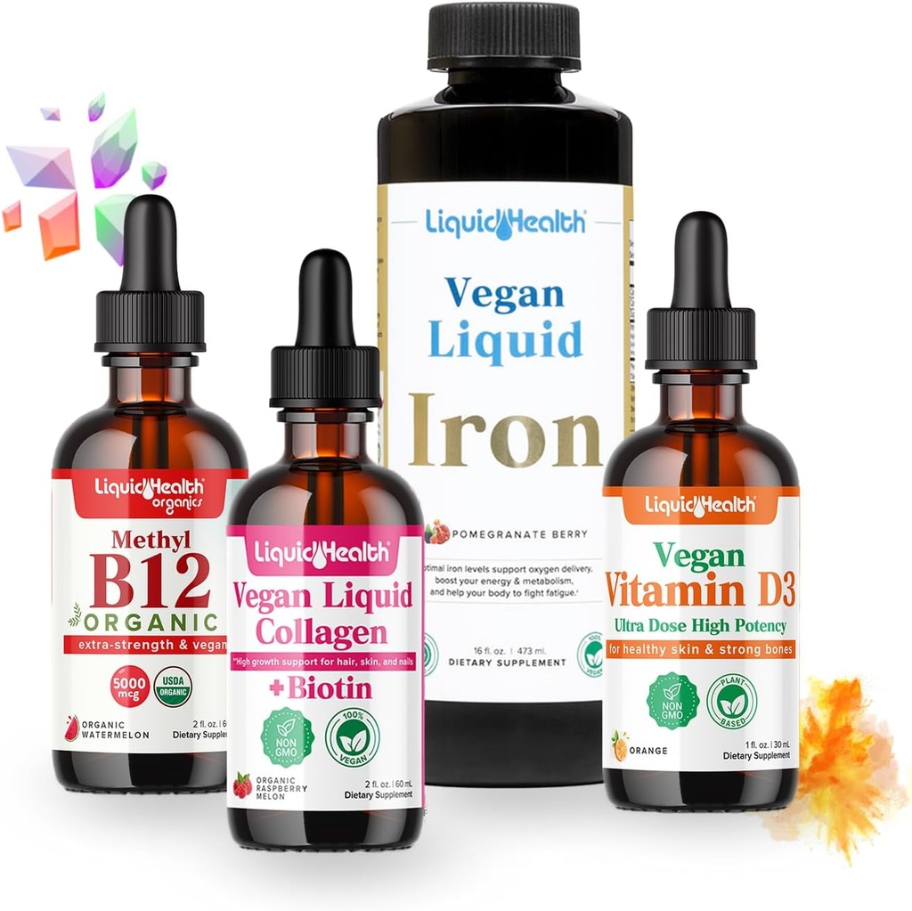 LIQUIDHEALTH Vegan Daily Essentials Vitamini Kit with Organic Torch B12 Drops, Vegan Liquid Collagen + Biotin, Liquid Iron, Vitamin D3 Drops - 100% Plant-Based Vitamin Supplements, Made in USA