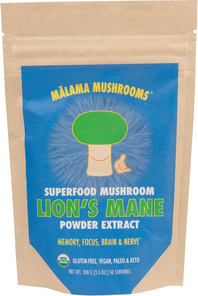 Lion's Mane Extract Powder by Malama, Organic Fruiting Body Lions Mane Mushroom Powder, Superfood Adaptogenic, Υποστηρίζει τη μνήμη, την εστίαση, τον εγκέφαλο, & τα νεύρα