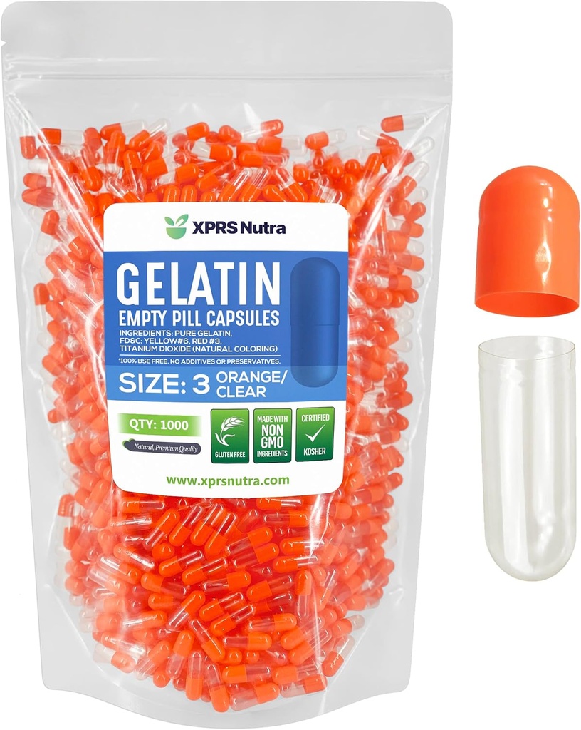 XPRS Nutra Size 3 Empty Capsules - 1000 Count Empty Gelatin Capsules - Pills DIY Capsule Filling - Pure Bovine Pill Gel Caps Fillable for Do-It-Yourself Vitamins and Supplements (Orange/Clear)