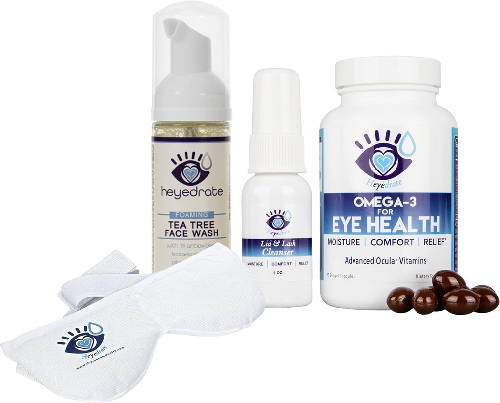 Heyedrate Triglyceride Omega 3 Fish Oil, Heated Eye Mask, Lid ve Lash Cleanser Köpüking Tea Tree Face Eye Health için Göz Sağlığı için Göz Yıkamak, Irritated Eyes için Yardım Sağlamak
