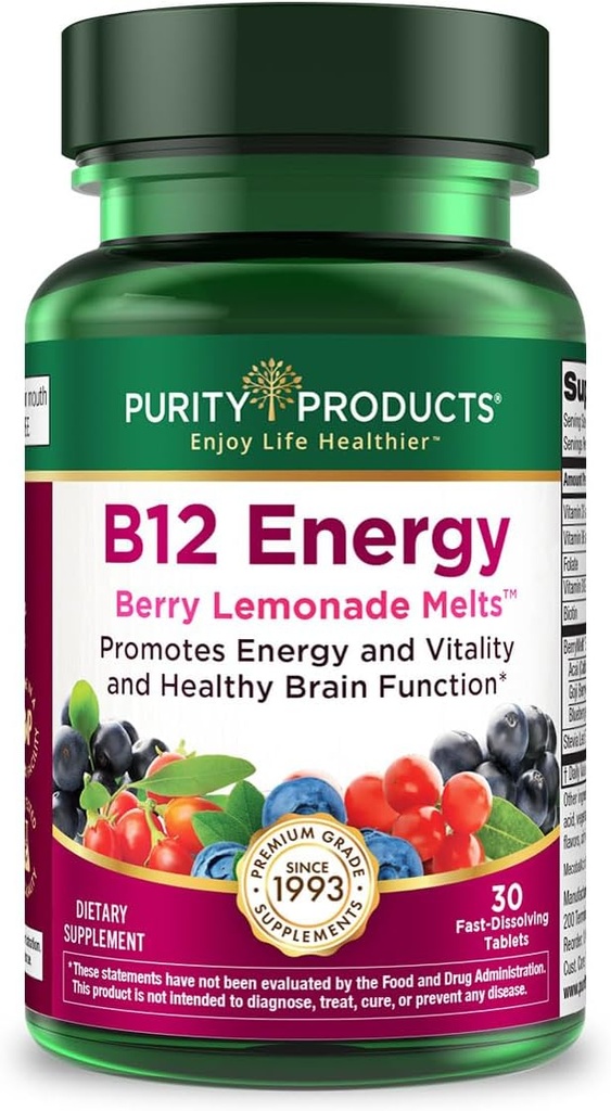 Προϊόντα καθαρότητας B-12 Energy Berry Lemonade Λιωμένο w/Super Fruits Methylcobalamin B12 - Βιταμίνες B6, D3, Φολικό οξύ και βιοτίνη - Υψηλή απορρόφηση Μεκοβαλβικά δισκία τήξης B 12-30