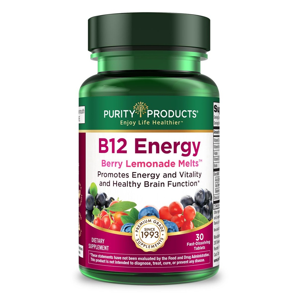 Saf Ürünler B-12 Enerji Berry Lemonade Melt w/Super Fruits Mecobalamin B12 - Vitaminler B6, D3, Folic Asit ve Biotin - Yüksek Abhidrasyon MecobalActive B 12-30