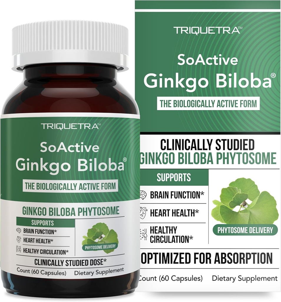 SoActive Ginkgo Biloba with Ginkgo Select® Phytosome | Klinik olarak Eva, Heart & Memory Support – 180 mg – Circulation & Cognitive Health (60 Capsules)