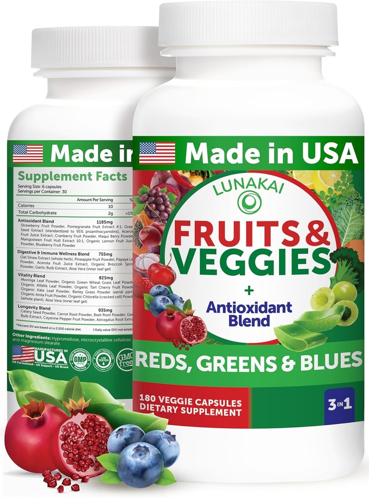 Lunakai USA Made Superfood Fruits & Veggies Supplement - All-in-One with 4 Blends & Sleed Capsles, 180ct Super Veggie Κάψουλες για Ενήλικες