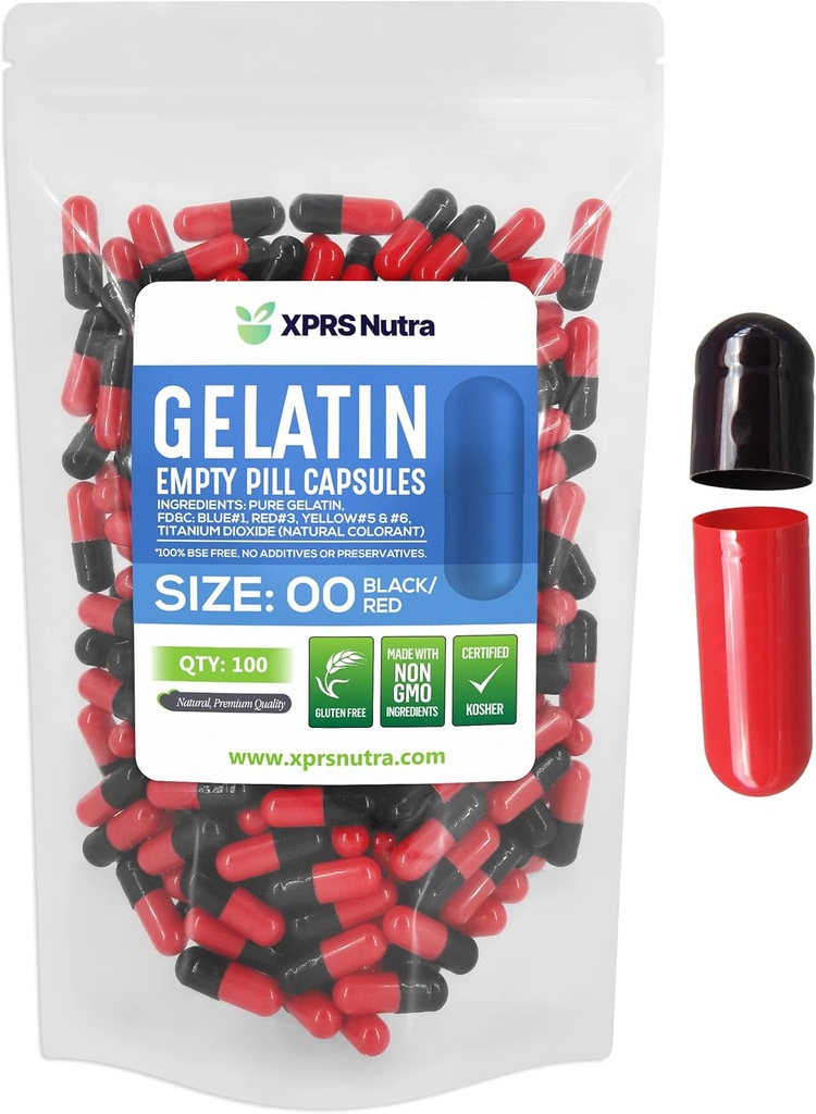 XPRS Nutra Boyutu 00 Boş Kapsüller - 100 Kont Boş Gelatin Capsules - Pills DIY Capsule - Do-It- Yourself Supplements (Black/Red)