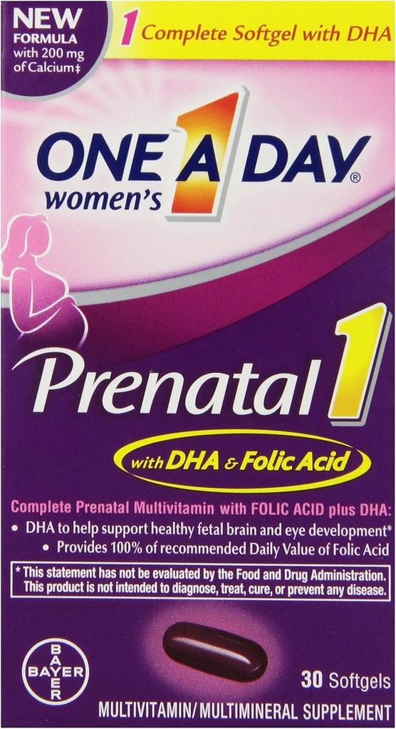 Bir Gün Kadın Prenatal 1 Multivitamin, Tamam önce, A, C, D, E, B6, B12 ve Omega-3 DHA, 30 Count
