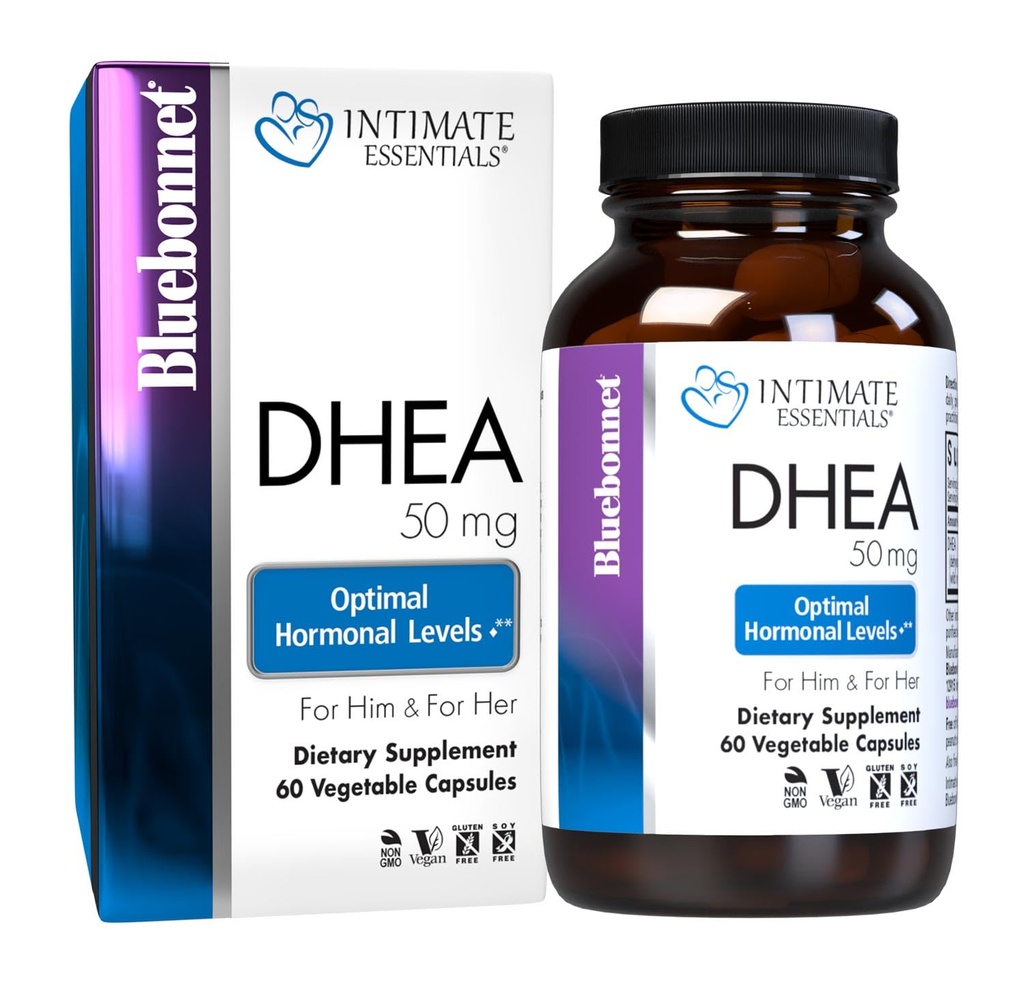 BlueBonnet Nutrition Intimate Essentials DHEA 50mg, για τη λειτουργία γονιμότητας και Optimal επίπεδα ορμονών και στους άνδρες και τις γυναίκες*, μη-GMO, Vegan, χωρίς γλουτένη, 60 κάψουλες λαχανικών, 60 εξυπηρετούν