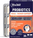 Bio360 Brain Supplements for Memory and Focus - Supports Brain Health, Mental Clarity & Alertness - Capsules with B5, B6 & B12-30 Billion CFU for Immunity, Digestion & Gut Health - 30 Count
